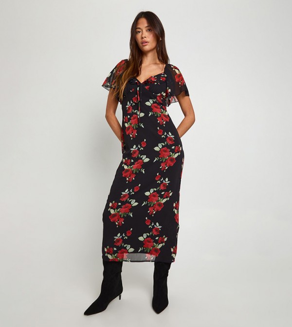 Floral Print Angel Sleeves Midaxi Dress