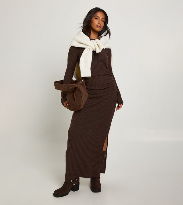Petite Brushed Ribbed Long Sleeves Maxi Dress