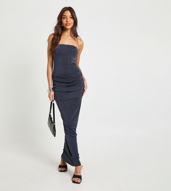 Bandeau Drape Waist Slinky Maxi Dress