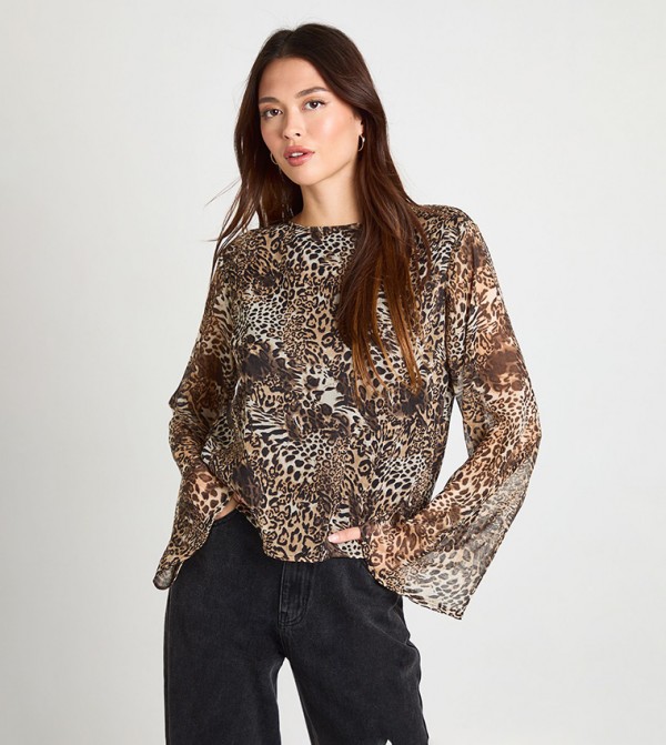 Leopard Print Chiffon Flared Sleeves Top