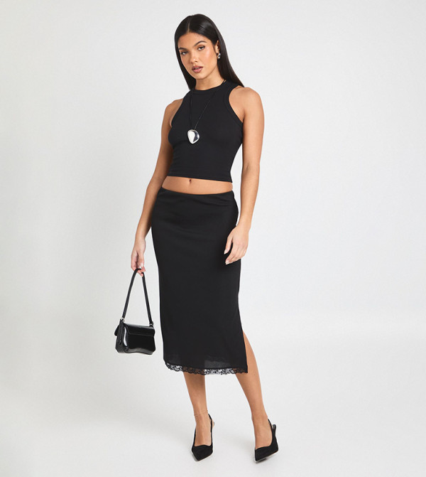 Ribbed Lace Hem Midi Skirt