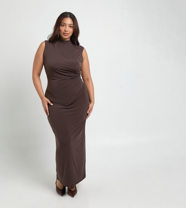 Curve Slinky Draped Gold Trim Midi Dress