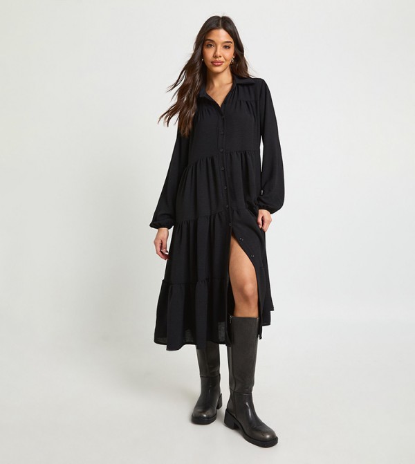 Textured Tiered Midi Smock Dress