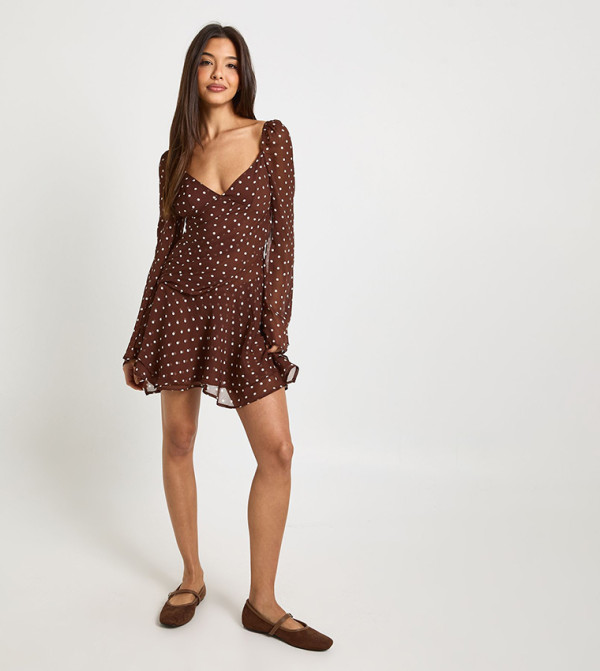 Polka Dots Ruched Sweetheart Pleated Skater Dress