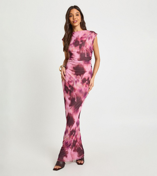 فستان ماكسي شبكي بخصر مزموم 