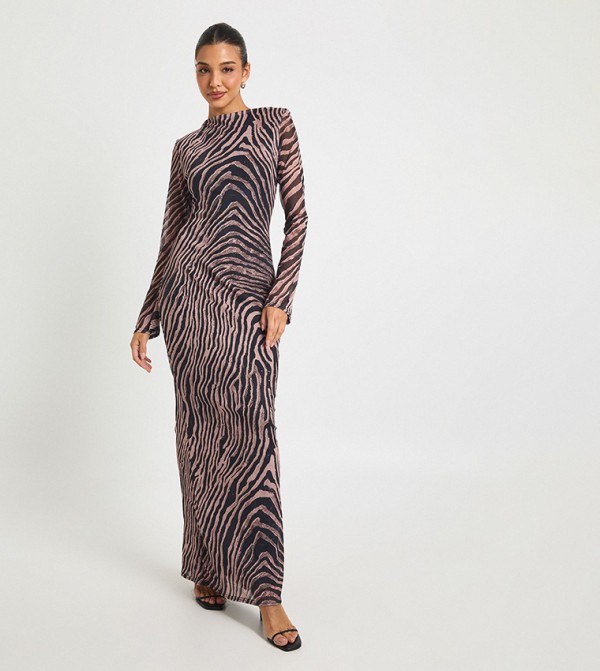 Zebra Printed Mesh Shoulder Pad Maxi Dress