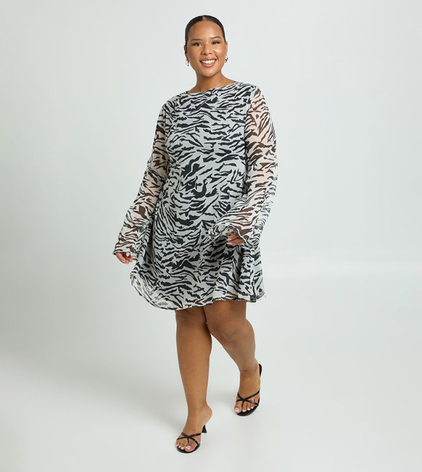 Curve Zebra Printed Chiffon Flared Sleeves Mini Dress