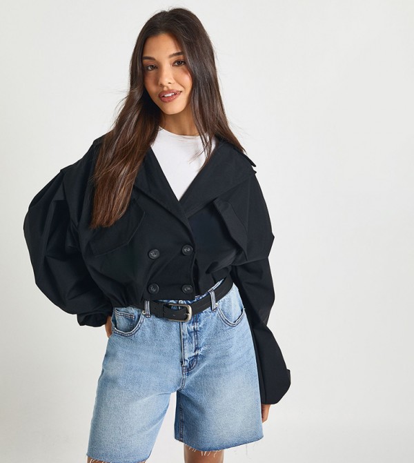 Puff Sleeves Boxy Fit Crop Trench Jacket