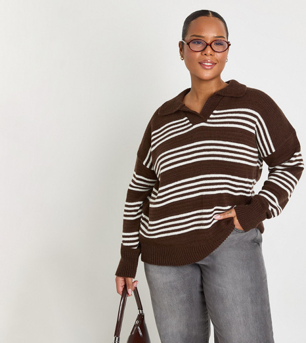 سويتر مخطط بياقة بولو للمقاسات الكبيرة 