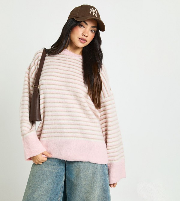 Super Soft Thin Striped Knitted Crew Neck Oversized Sweater