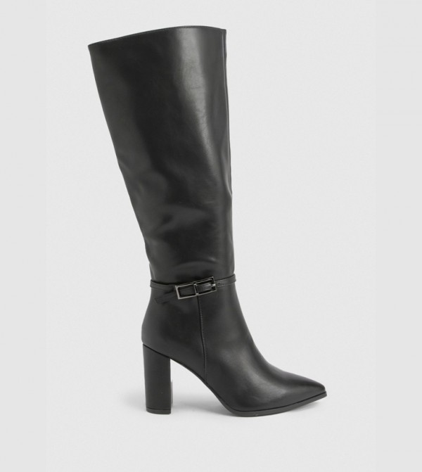 Buckle Detail Mid Block Knee High Boots