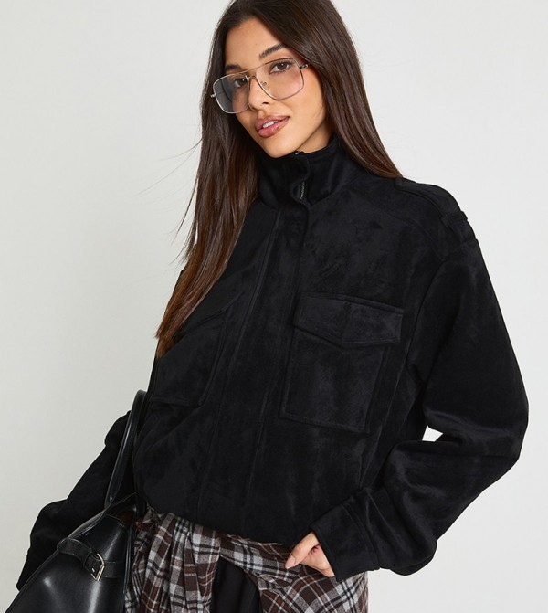 Funnel Neck Suede Pocket Detail Jacket