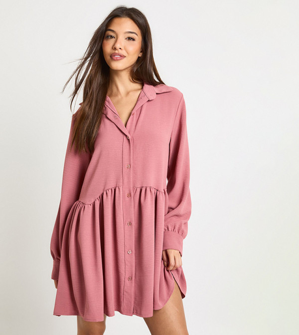 Hammered Volume Sleeves Smock Mini Shirt Dress