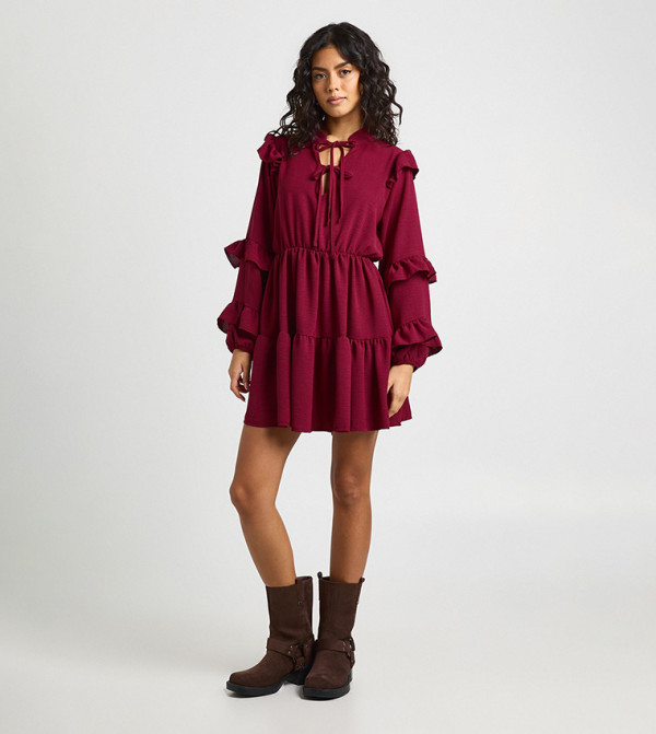 Hammered Ruffle Detail Tie Front Smock Mini Dress