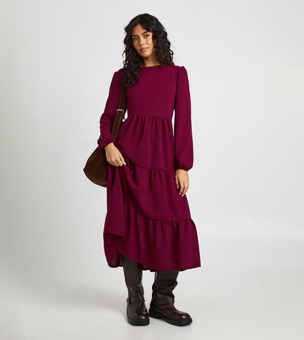 Balloon Sleeves Smock Tiered Midi Dress