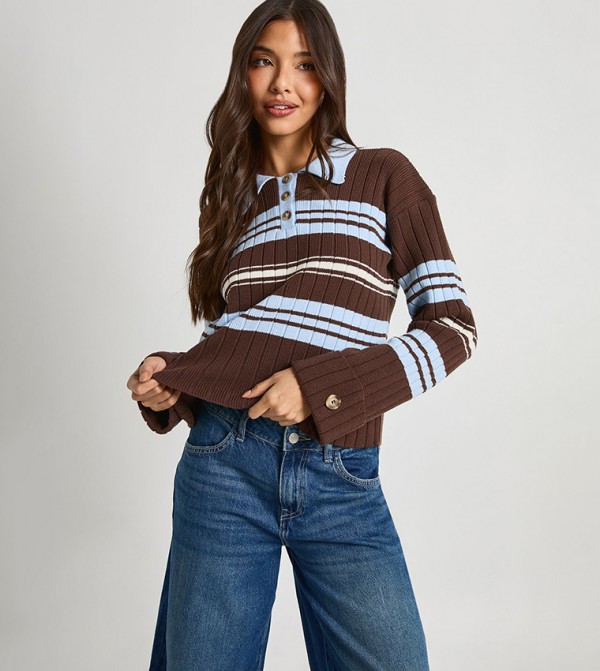 Striped Long Sleeves Collared Knitted Sweater