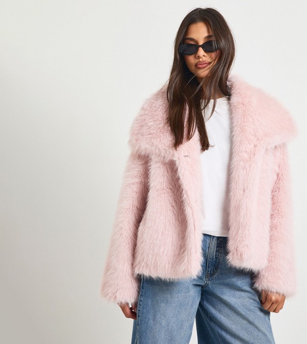 Faux Fur Oversized Collar Short Jacket