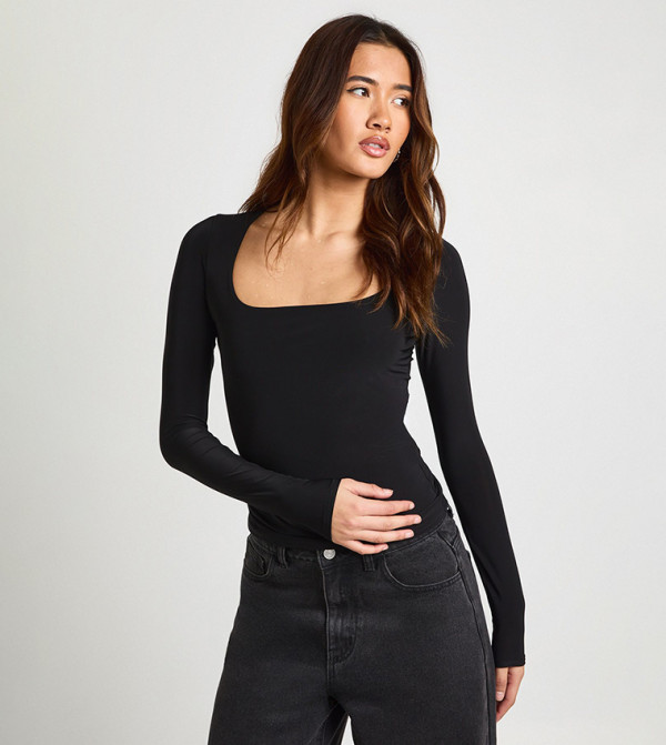 Double Layer Slinky Square Neck Long Sleeves Top