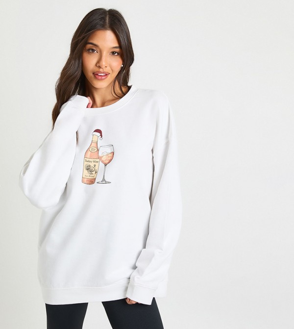 Turkey Wine Printed Novelty Christmas Sweatshirt