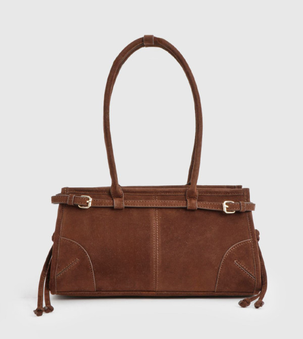 Faux Suede Buckle Trim Baguette Shoulder Bag