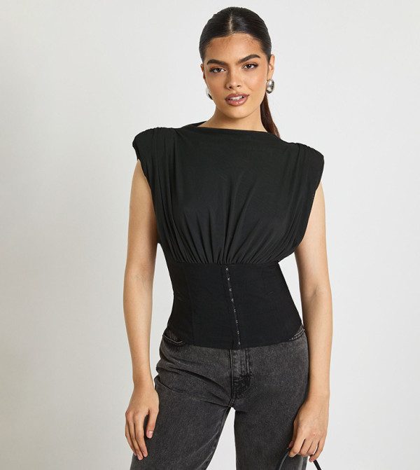 Mesh & Bengaline Boning Detail Hook & Eye Corset Top