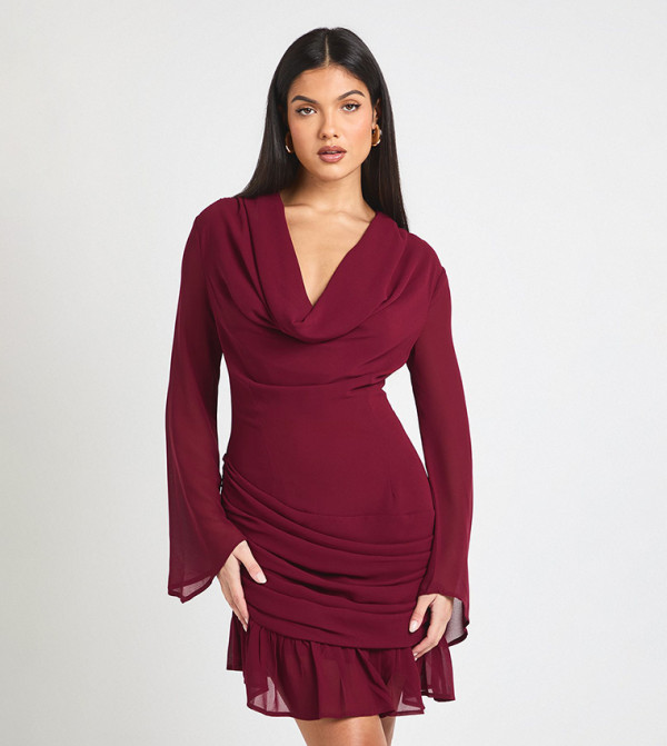 Cowl Long Sleeves Mini Dress