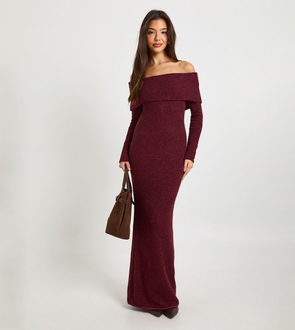 Textured Deep Bardot Maxi Dress
