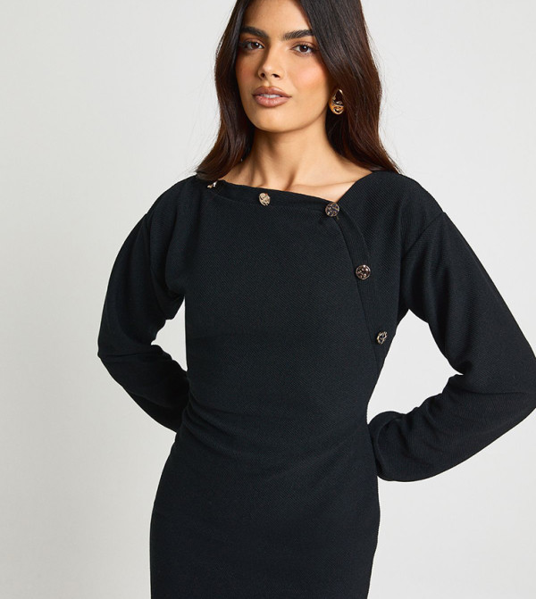 Balloon Sleeves Gold Button Bluson Mini Dress