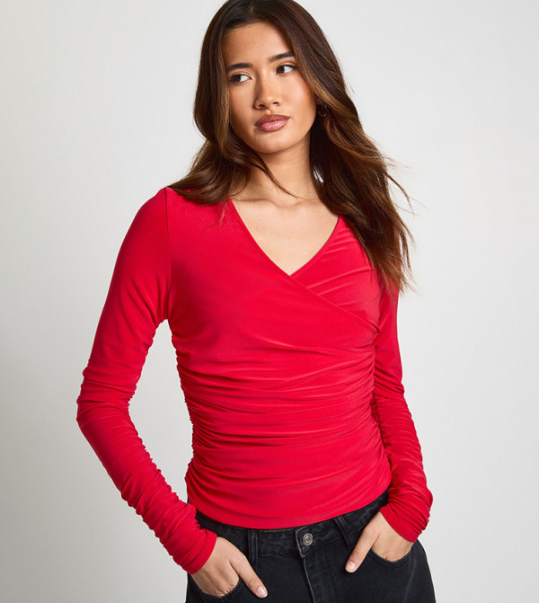 Slinky Ruched Long Sleeves V-Neck Top