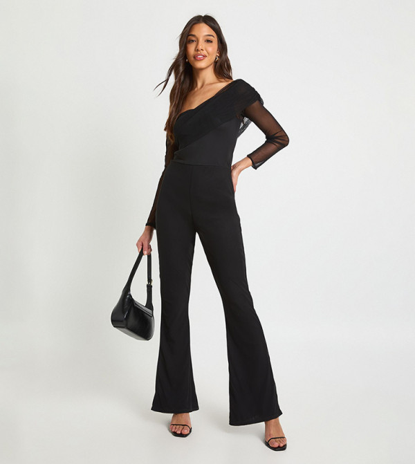 Mesh Asymmetric Bardot Jumpsuit