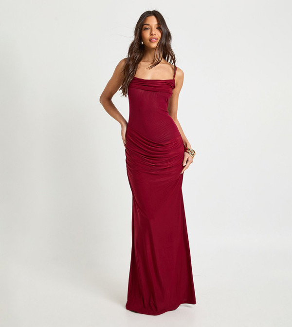 Drape Front Lace Up Back Maxi Dress