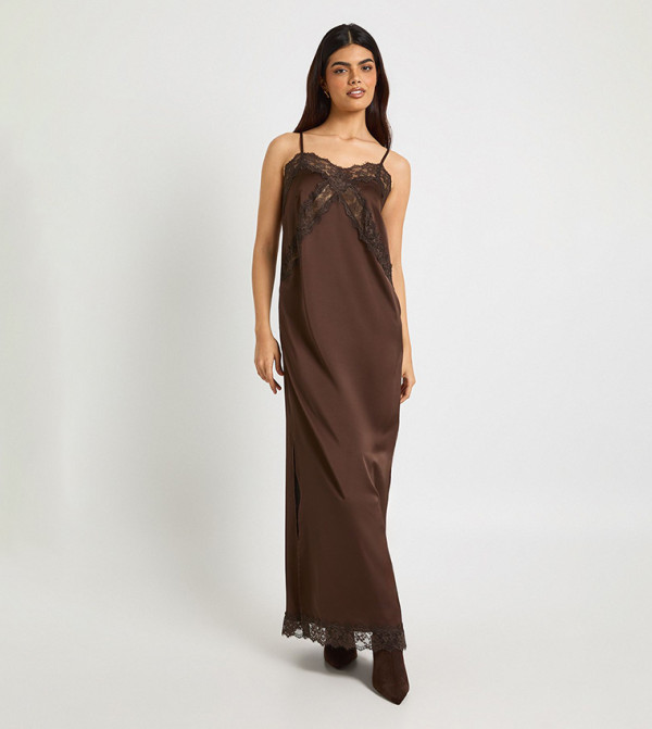 Satin Lace Mix Column Maxi Dress