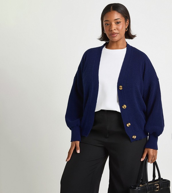 Curve Balloon Sleeves Button Through Cardigan