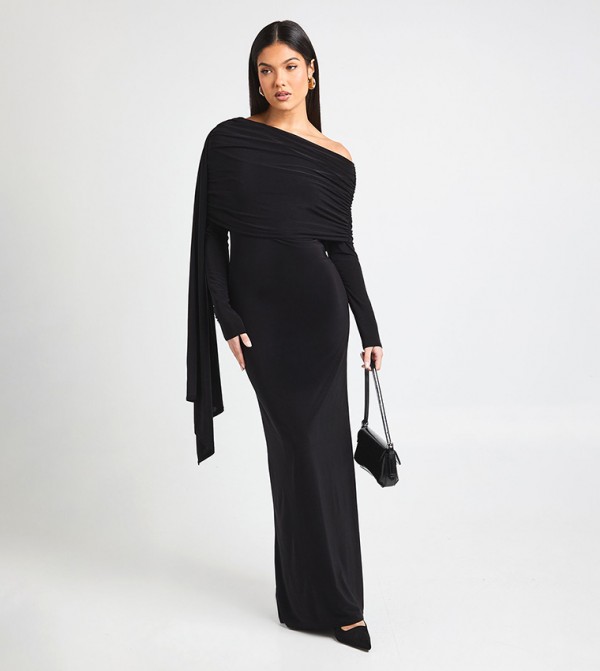 Drape Detail Asymmetric Neck Maxi Dress