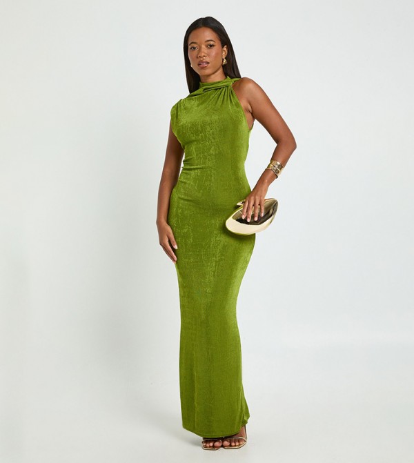 Acetate Slinky Twist Neck Maxi Dress