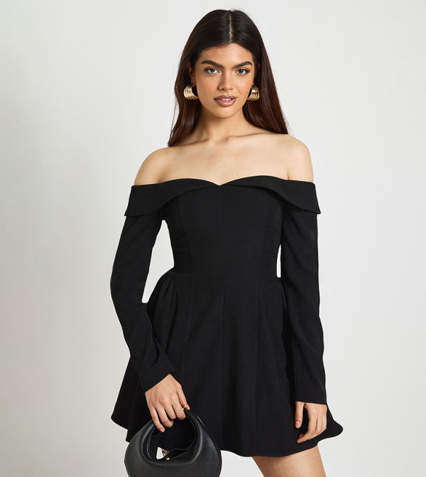 Long Sleeves Bardot Structured Skater Mini Dress