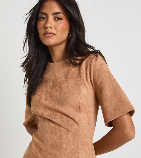 Suede Cinch Waist High Neck T-Shirt