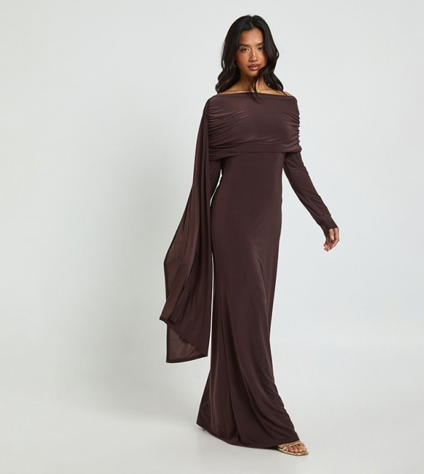 Petite Bardot Drape Detail Maxi Dress