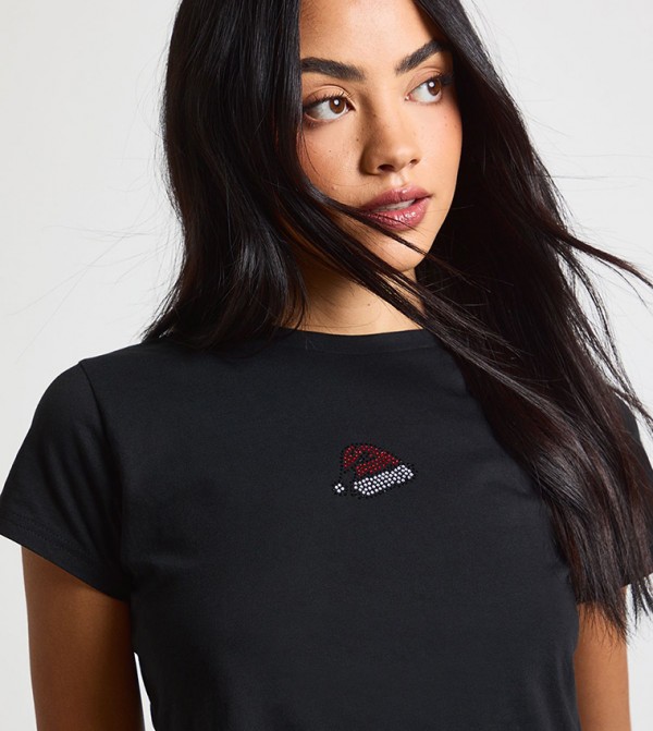 Santa Hat Hotfix Crop T-Shirt