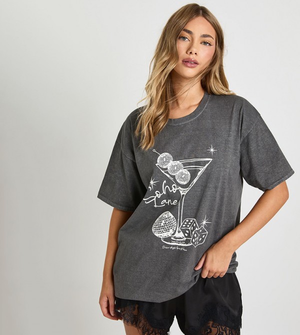 Cocktail Print Overdyed Oversized T-Shirt