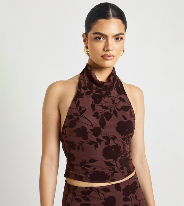 Floral Devoure Cowl Halterneck Crop Top