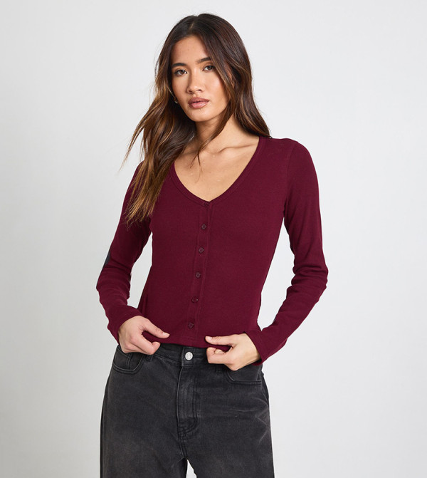 Ribbed Button Through Long Sleeves Top