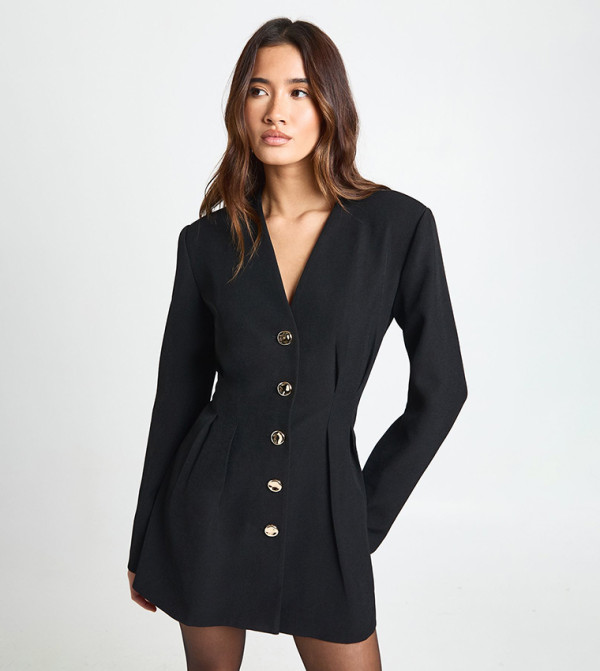 Long Sleeves Collarless Tailored Mini Dress