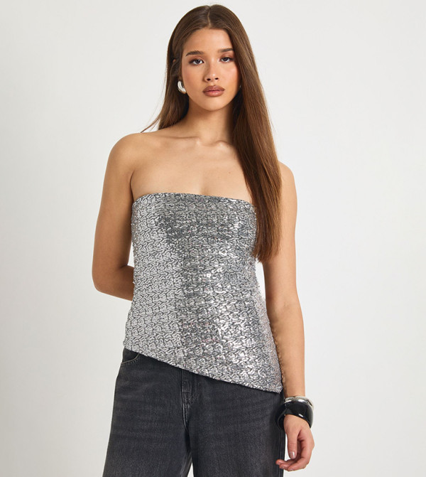 Sequined Bandeau Asymmetric Hem Top