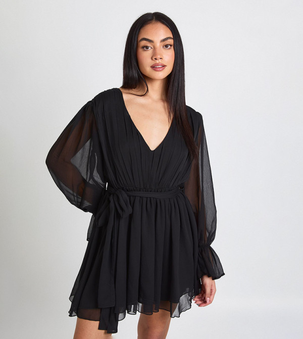 Chiffon Volume Sleeves Tie Waist Mini Dress