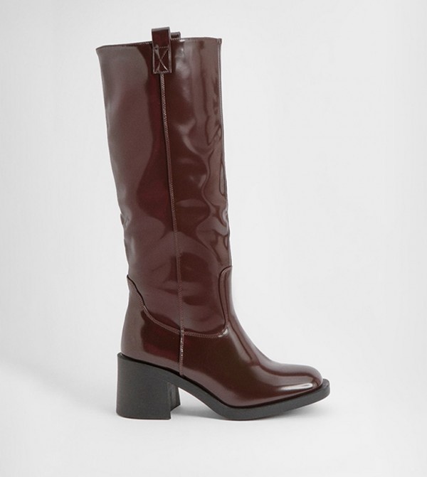 Patent Low Block Heel Knee High Boots