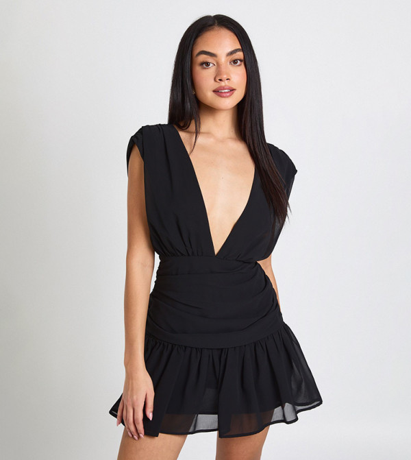 Chiffon Ruched Detail Plunge Front Mini Dress