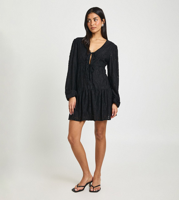 Burnout Floral Tie Front Smock Dress