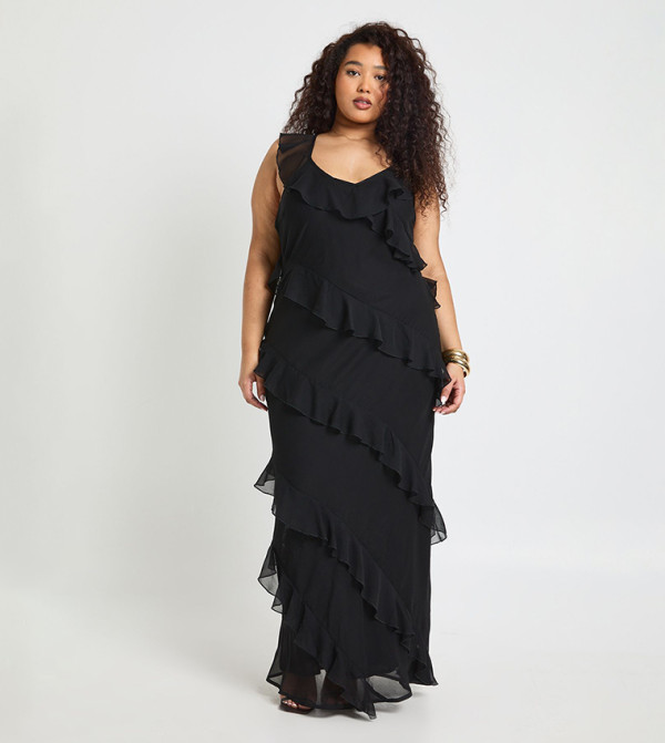 sachin and babi light blue dress Ruffle Maxi Dress in Black | One Shoulder Cotton Maxi Dress main image 1