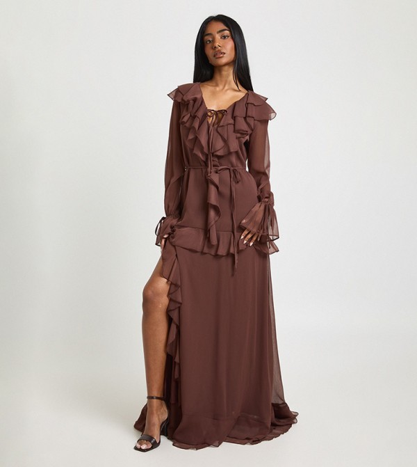 Chiffon Ruffle Detail Floaty Maxi Dress